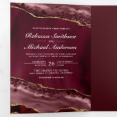 Bourgondië en Gold Agaat Foto Collage Bruiloft Drieluik Uitnodiging (Binnenzijde eerst)