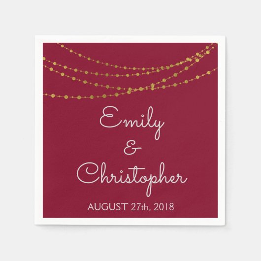 Bourgondië en Gold Foil String Lights Wedding Servet (Voorkant)