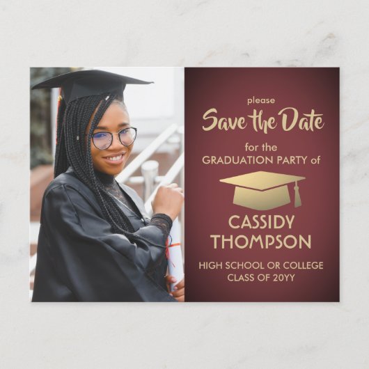 Bourgondië en Goud Afstuderen Foto Save the Date Briefkaart (Voorkant)