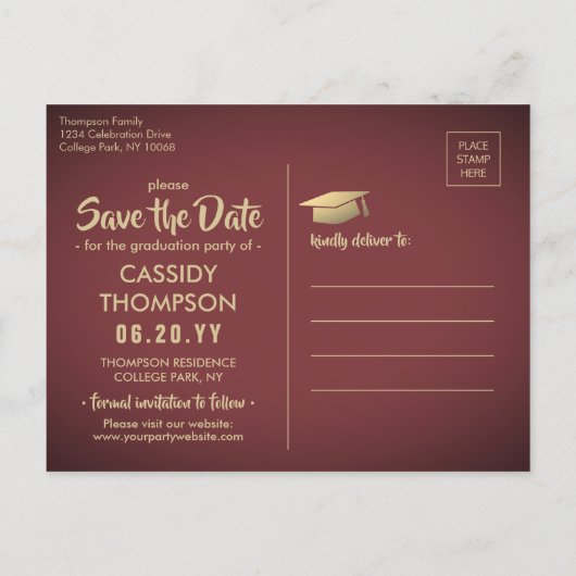 Bourgondië en Goud Afstuderen Foto Save the Date Briefkaart (Achterkant)