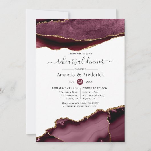 Bourgondie en goud agaat huwelijksrepetitie diner kaart (Voorkant)
