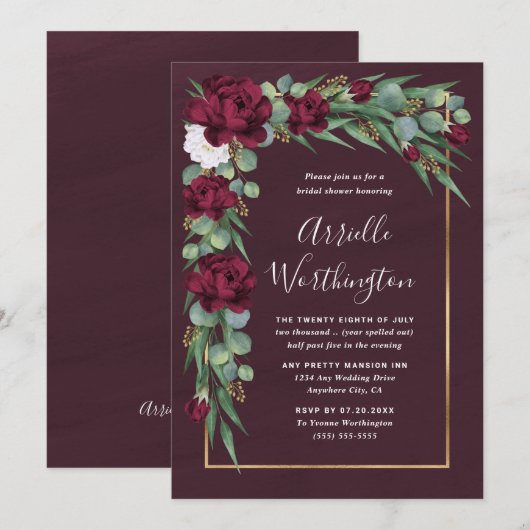 Bourgondië en Goud Bloemen Herfst Uniek Vrijgezell Kaart (Voorkant / Achterkant)