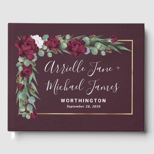 Bourgondië en Goud Bloemen Waterverf Herfst Bruilo Gastenboek (Voorkant)