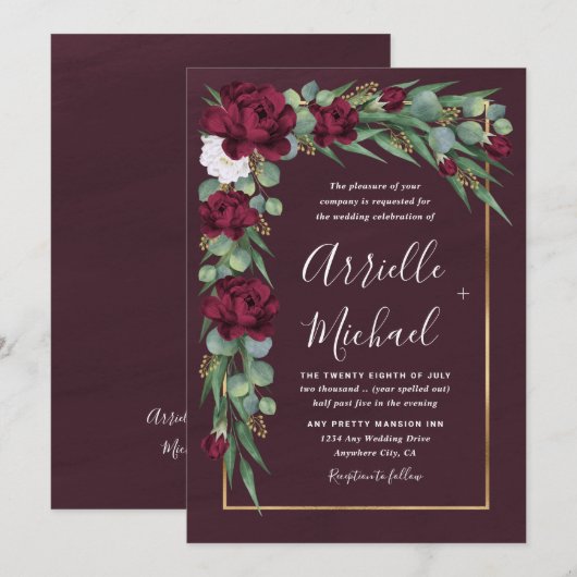 Bourgondië en Goud Bloemen Waterverf Herfst Bruilo Kaart (Voorkant / Achterkant)