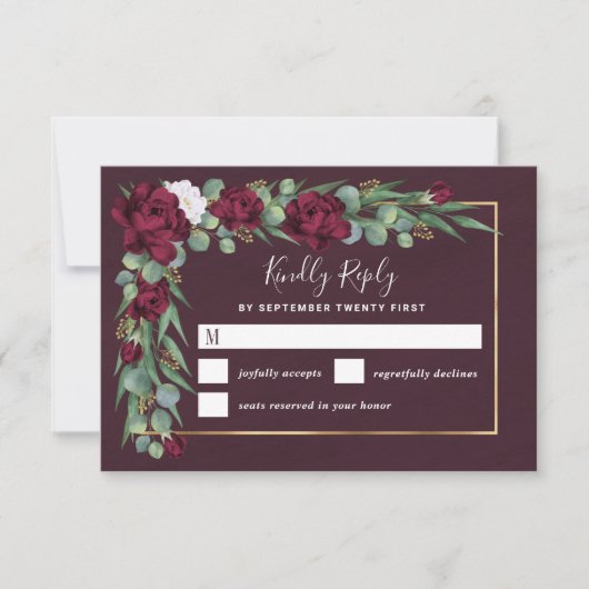 Bourgondië en Goud Bloemen Waterverf Herfst Bruilo RSVP Kaartje (Voorkant)