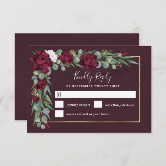 Bourgondië en Goud Bloemen Waterverf Herfst Bruilo RSVP Kaartje (Voorkant / Achterkant)