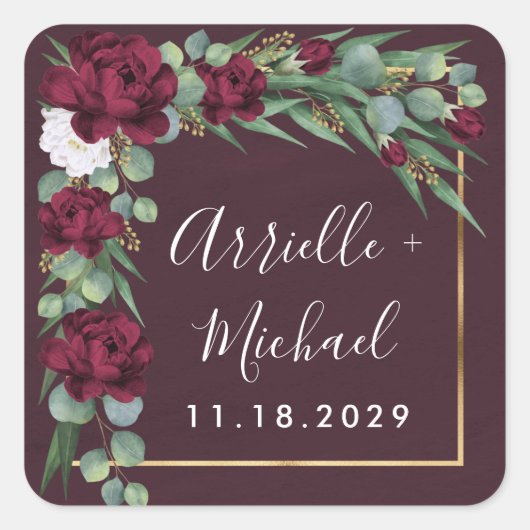 Bourgondië en Goud Bloemen Waterverf Herfst Bruilo Vierkante Sticker (Voorkant)