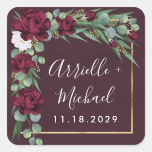 Bourgondië en Goud Bloemen Waterverf Herfst Bruilo Vierkante Sticker