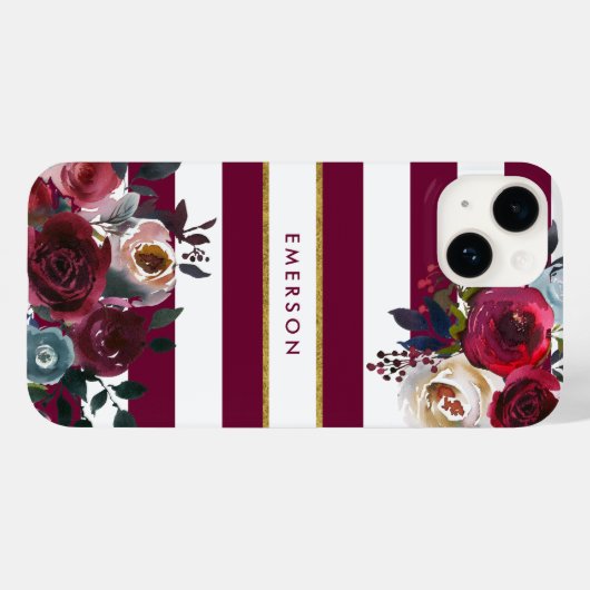 Bourgondië en goud Boho Floral Stripe Monogram Case-Mate iPhone Case (Achterkant (horizontaal))