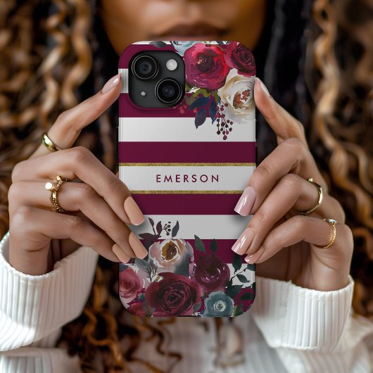 Bourgondië en goud Boho Floral Stripe Monogram Case-Mate iPhone Case