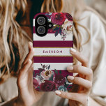 Bourgondië en goud Boho Floral Stripe Monogram iPhone 16 Hoesje<br><div class="desc">Aangepaste monogram telefoonhoesjes gepersonaliseerd met jouw naam of andere tekst. Dit trendy boho-ontwerp heeft een waterverf bloemrand in rustieke herfstkleuren op een bordeaux-witte gestreepte achtergrond met een accent van faux-gouden folie. Gebruik de ontwerpgereedschappen om een achtergrondkleur te kiezen, tekstlettertypen en -kleuren te wijzigen of uw eigen foto's te uploaden naar...</div>