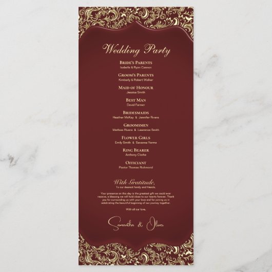 Bourgondië en Goud Damascus Trouwprogramma Programmakaart (Achterkant)