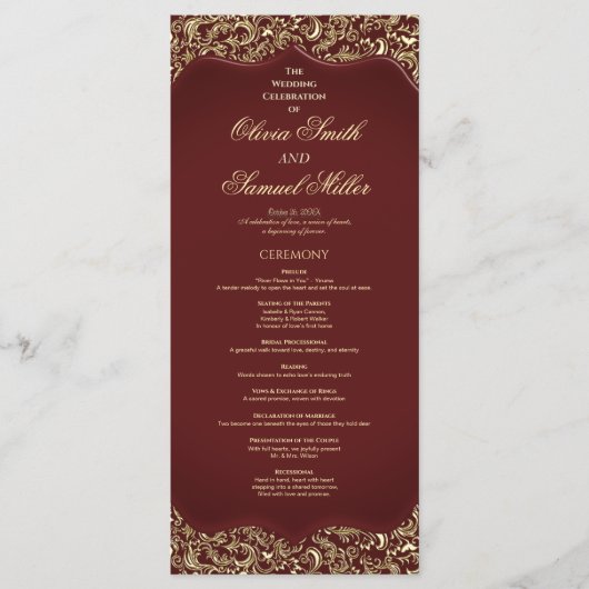 Bourgondië en Goud Damascus Trouwprogramma Programmakaart (Voorkant)