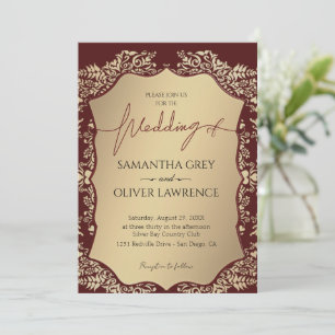 Bourgondië en Goud Damask bruiloft uitnodiging