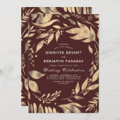 Bourgondië en goud Elegante Bladeren Fall Wedding Kaart (Voorkant / Achterkant)