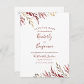 Bourgondië en goud Elegante Branches Save the Date Aankondigingskaart (Voorkant / Achterkant)