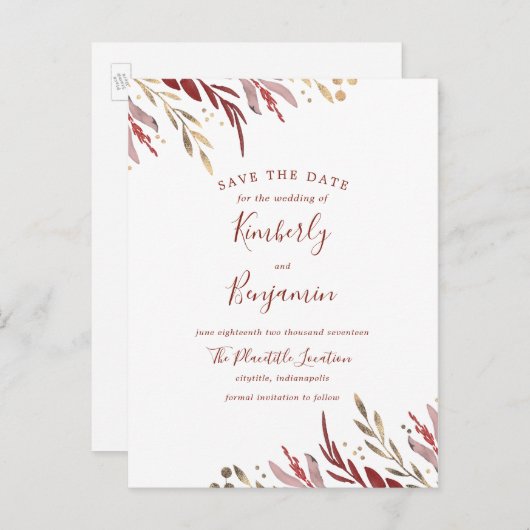 Bourgondië en goud Elegante Branches Save the Date Aankondigingskaart (Voorkant / Achterkant)