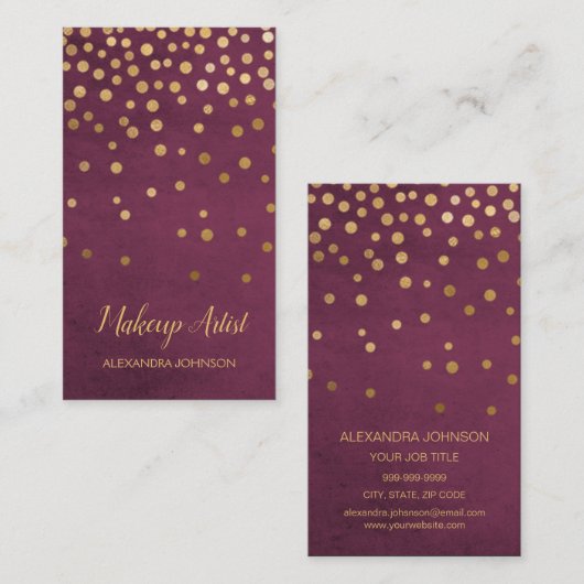 Bourgondië en goud Elegante Confetti Make-up Artis Visitekaartje (Voorkant / Achterkant)