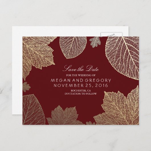 Bourgondië en goud laat herfst de datum redden aankondigingskaart (Voorkant / Achterkant)