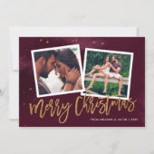 Bourgondië en goud Script Vrolijk Kerstfeest 2 Fot Feestdagenkaart (Voorkant)