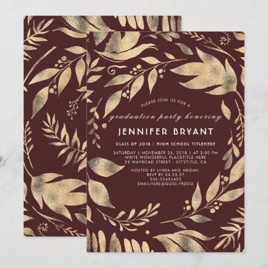 Bourgondië en goud verlaat Herfst Graduation Party Kaart (Voorkant / Achterkant)