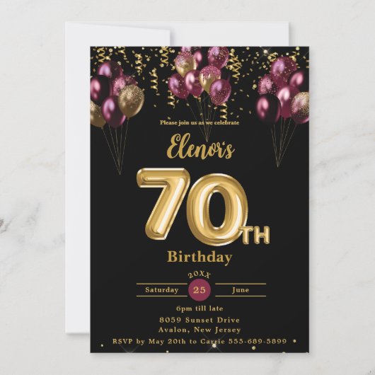 Bourgondië en goudballonnen Confetti 70ste verjaar Kaart (Voorkant)