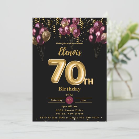 Bourgondië en goudballonnen Confetti 70ste verjaar Kaart (Staand voorkant)