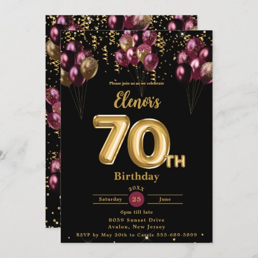 Bourgondië en goudballonnen Confetti 70ste verjaar Kaart (Voorkant / Achterkant)