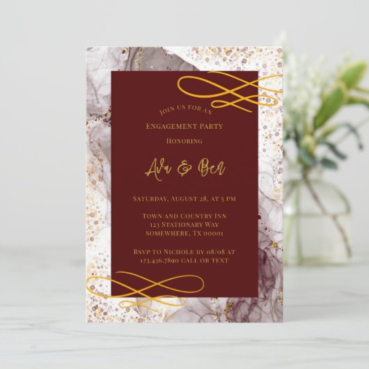 Bourgondië en gouden alcohol inkt verlovingsfeest kaart (Staand voorkant)