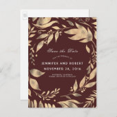 Bourgondië en gouden bladeren Herfst Save the Date Aankondigingskaart (Voorkant / Achterkant)