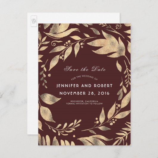 Bourgondië en gouden bladeren Herfst Save the Date Aankondigingskaart (Voorkant / Achterkant)