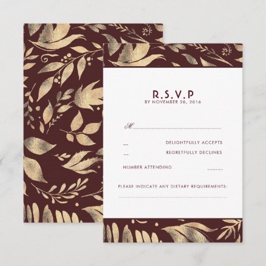Bourgondië en gouden bladeren vallen bruiloft RSVP (Voorkant / Achterkant)