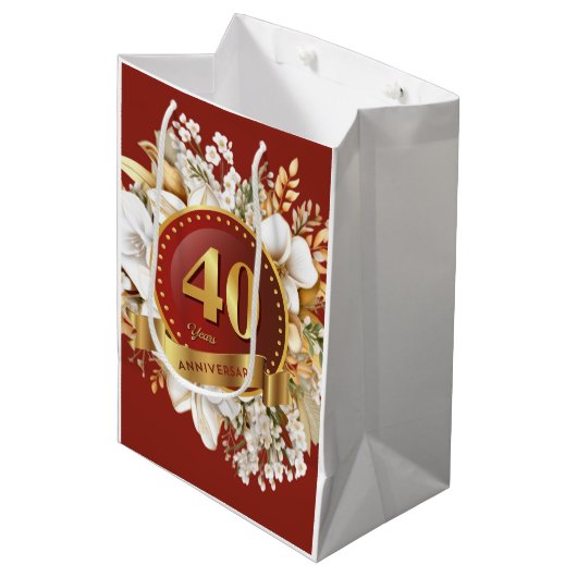 Bourgondië en gouden bloem 40e bruiloft Jubileum Medium Cadeauzakje (Voorkant Gekanteld)