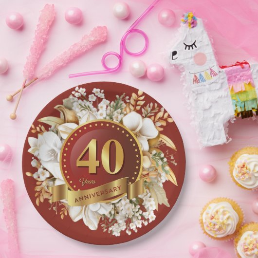 Bourgondië en gouden bloem 40e bruiloft Jubileum Papieren Bordje (Feest)