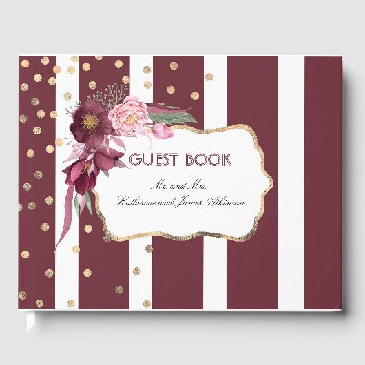 Bourgondië en gouden bloem elegante bruiloft gastenboek (Voorkant)