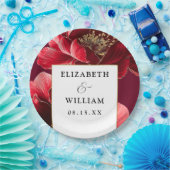 Bourgondië en gouden bloem elegante moderne bruilo papieren bordje (Feest)