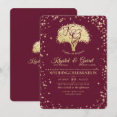 Bourgondië en gouden boom en sprankelende bruiloft kaart (Voorkant / Achterkant)