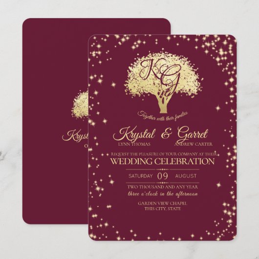 Bourgondië en gouden boom en sprankelende bruiloft kaart (Voorkant / Achterkant)