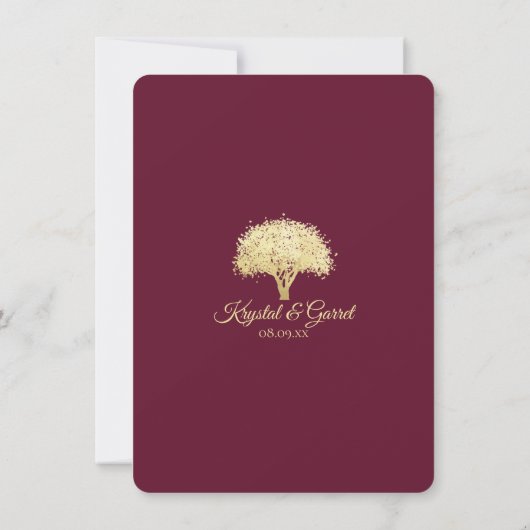 Bourgondië en gouden boom en sprankelende bruiloft kaart (Achterkant)
