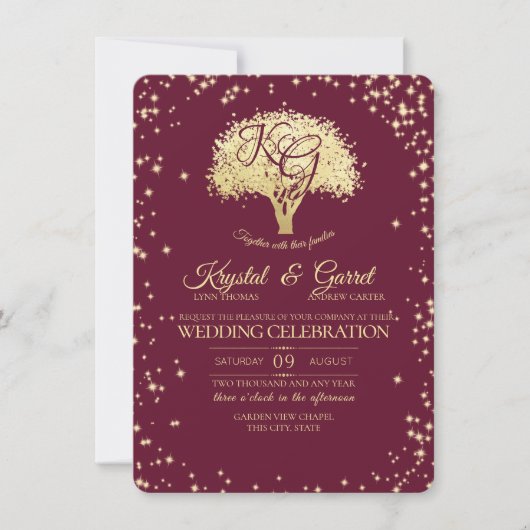 Bourgondië en gouden boom en sprankelende bruiloft kaart (Voorkant)