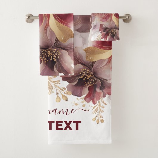Bourgondië en Gouden Glitter floral Agate Bad Handdoek (Insitu)