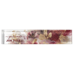 Bourgondië en Gouden Glitter floral Agate Naambordje