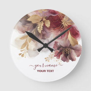 Bourgondië en Gouden Glitter floral Agate Ronde Klok