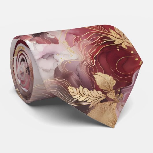 Bourgondië en Gouden Glitter floral Agate Stropdas (Opgerold)