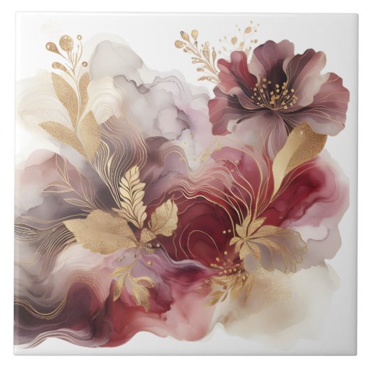 Bourgondië en Gouden Glitter floral Agate Tegeltje (Voorkant)