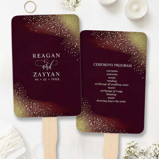 Bourgondië en Gouden Glitter Huwelijksprogramma Handwaaier