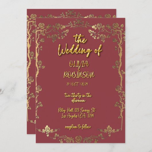 Bourgondië en gouden gouden 3D-teksteffect bruilof Kaart (Voorkant / Achterkant)