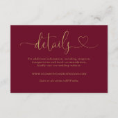 Bourgondië en gouden hart script bruiloft details informatiekaartje (Voorkant)