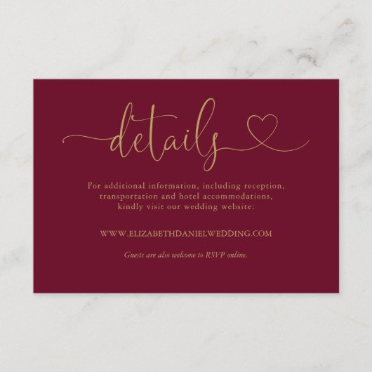 Bourgondië en gouden hart script bruiloft details informatiekaartje (Voorkant)