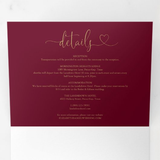 Bourgondië en gouden hart script bruiloft drieluik uitnodiging (Binnenzijde eerst)